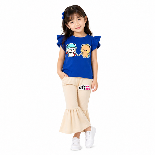 Girls Soft Cotton Printed Blue T-Shirt & Cream Flared Pants 2-Pcs Set (1years-7yrs)-0198