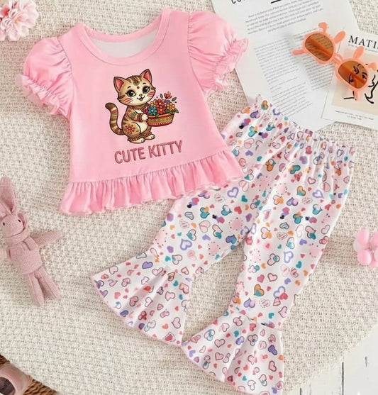 Cute Kitty Cartoon Printed Top & Floral Flared Pants 2 pcs Set (3mths-12yrs)-0168