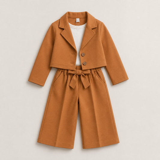 Girls Premium Blazer and Wide Leg Pants Set (Brown)