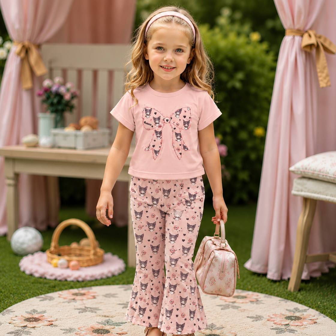 Girls Kuromi Pink Pajama Set with Bow Detail (1yrs-8yrs)-0096