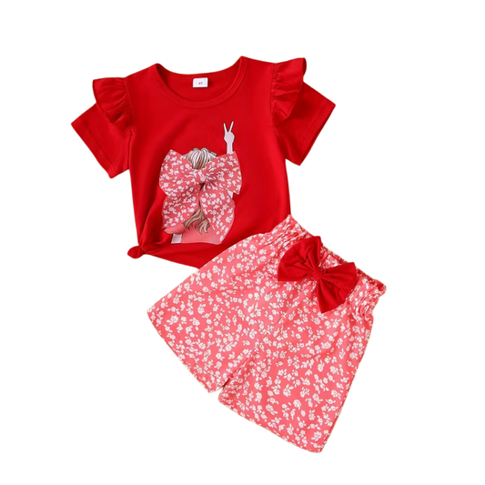 Girls Red Butterfly Printed T-Shirt & Floral Shorts 2-Piece Set (3mths-6yrs)-0152D