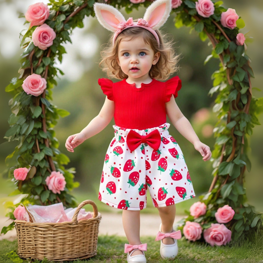 Girls Red Top & Strawberry Print Shorts 2pcs Set (3mths-6yrs)-0018