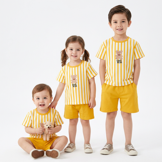Boys & Girls Yellow Striped T-Shirt & Shorts 2pcs Set (3mths 6yrs)-0050