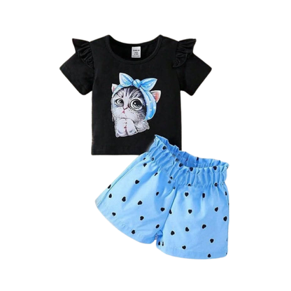 Girls Cat Printed T-Shirt & Shorts 2-Piece Set (3mths-6yrs)-0167