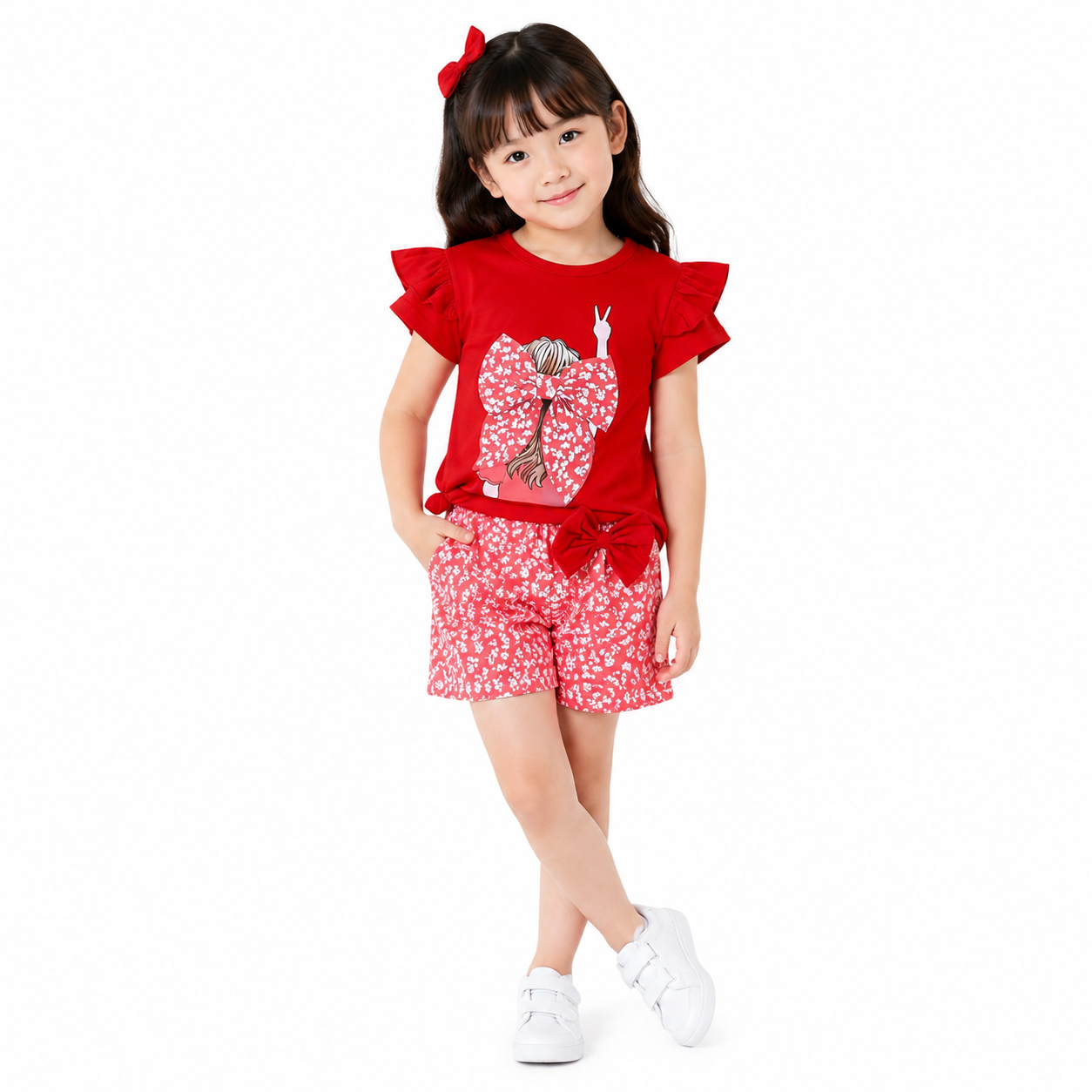 Girls Red Butterfly Printed T-Shirt & Floral Shorts 2-Piece Set (3mths-6yrs)-0152D