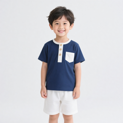 Boys Half Sleeve Pocket Blue & White Cotton T-Shirt and Shorts 2pcs Set (1years-7yrs)-0163