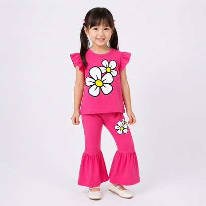 Girls Pink Floral Printed Top and Bell Bottom Pant 2pcs Set (1years-7yrs)-0193