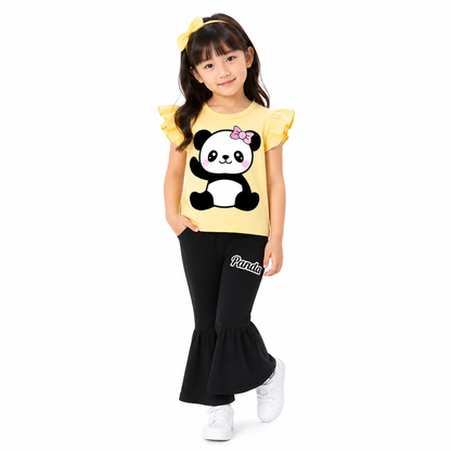 Girls Panda Print Yellow T-Shirt & Black Flared Pants 2-Piece Set (1years-7yrs)-0194