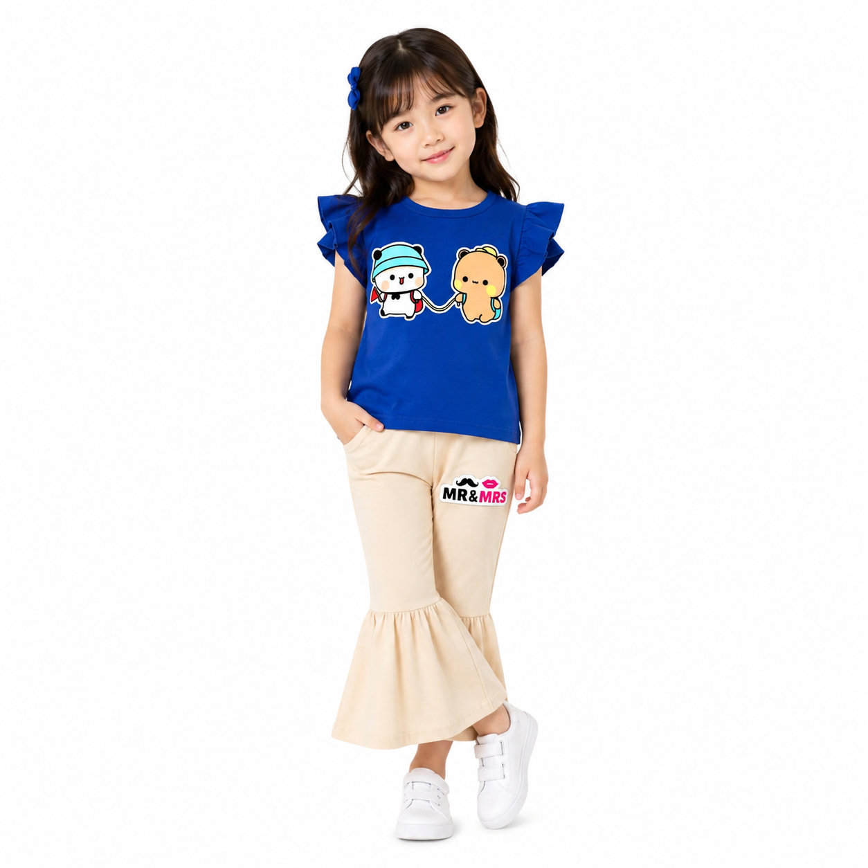 Girls Soft Cotton Printed Blue T-Shirt & Cream Flared Pants 2-Pcs Set (1years-7yrs)-0198