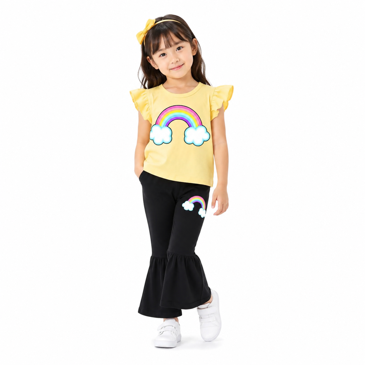 Girls Summer Rainbow Printed T-Shirt with Matching Flare Pants 2pcs Set (1years-7yrs)-0199