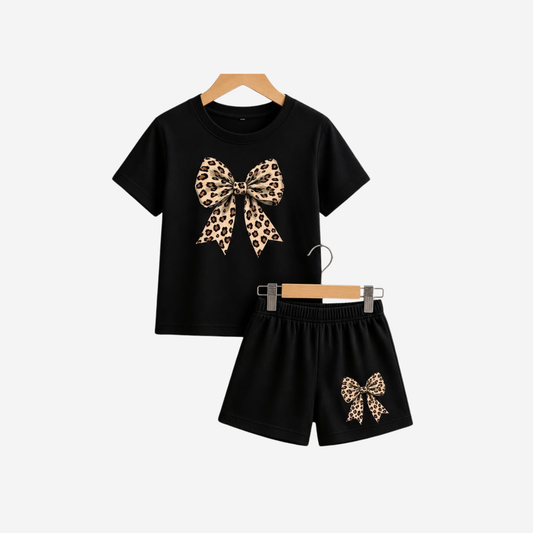 Girls Black Color Bow Printed T-Shirt & Shorts Set-0186