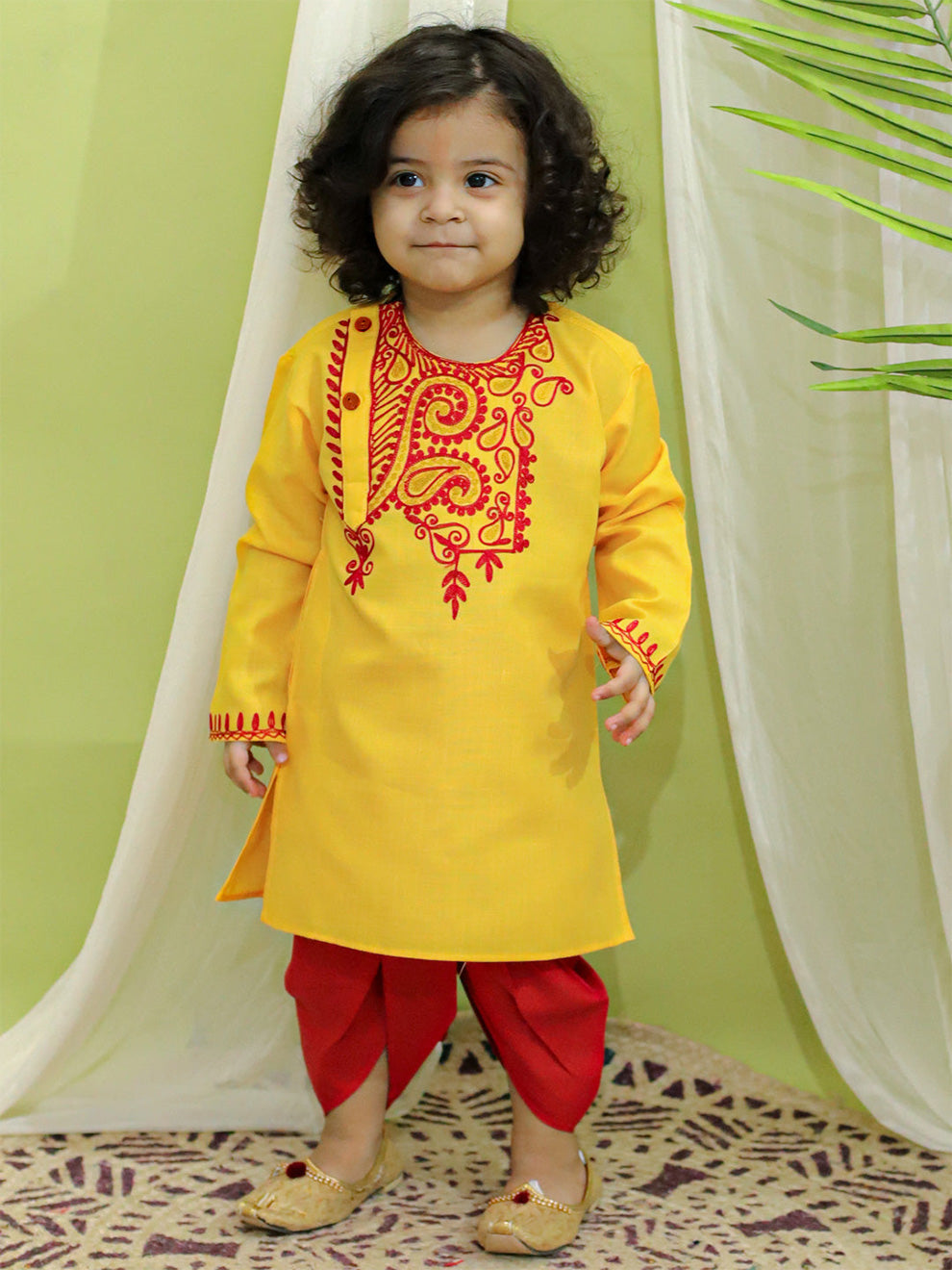 Kids Embroidered Kurta with Dhoti for Boys- Yellow