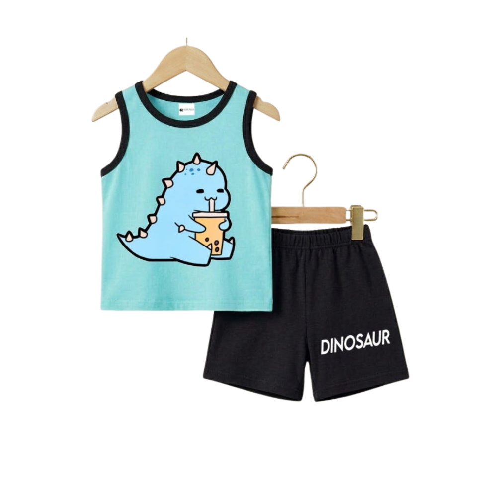Children's sleeveless top with dinosaur design and black shorts on hangers against a white background
