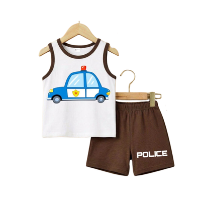 Children's outfit with tank top and shorts featuring a police car design on a white background