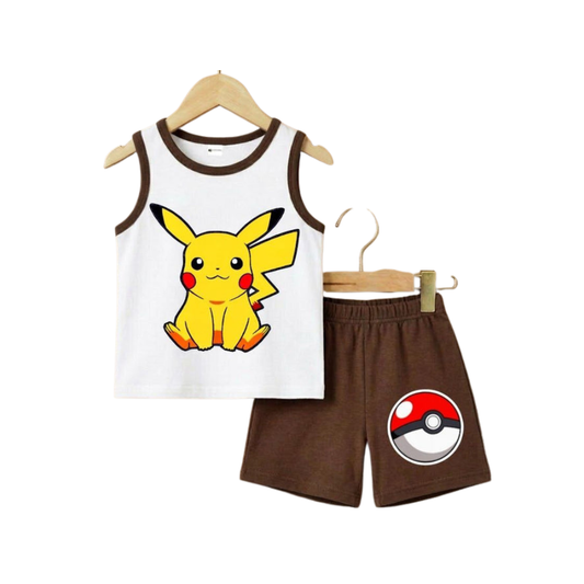Children's sleeveless top with Pikachu design and brown shorts with a Poké Ball design on hangers against a white background.
