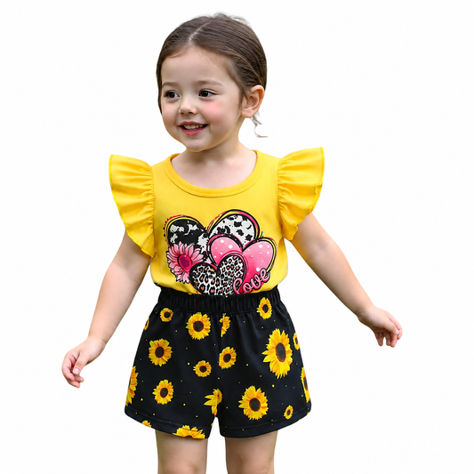 Cute Baby Girl Yellow Heart Printed T-Shirt & Sunflower Print Shorts 2pcs Set (3mths-6yrs)-0113
