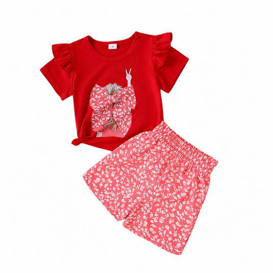 Girls Red Butterfly Printed T-Shirt & Floral Shorts 2-Piece Set (3mths-6yrs)-0152
