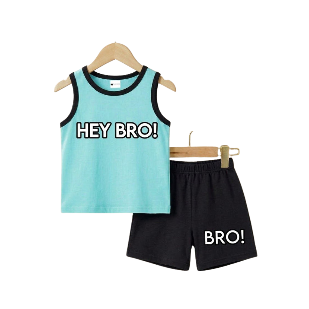 Children's sleeveless top and shorts set with 'HEY BRO!' and 'BRO!' text on a white background
