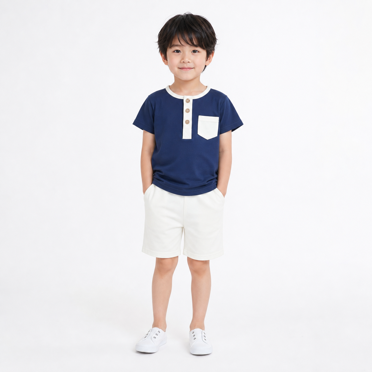 Boys Half Sleeve Pocket Blue & White Cotton T-Shirt and Shorts 2pcs Set (1years-7yrs)-0163