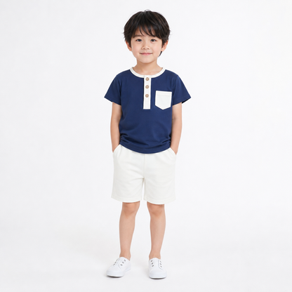 Boys Half Sleeve Pocket Blue & White Cotton T-Shirt and Shorts 2pcs Set (1years-7yrs)-0163