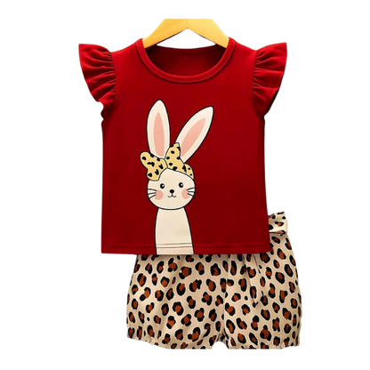 Cute Bunny Printed Red Ruffle Sleeve Top with Leopard Short 2pcs Set (3mths-6yrs)-0120