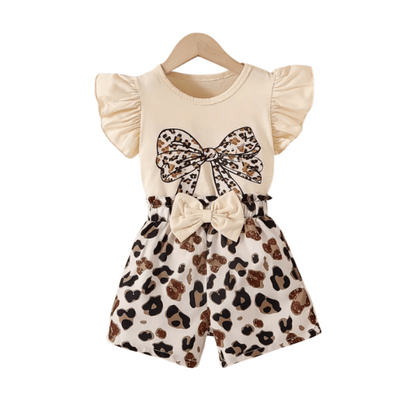 Baby Girl Bow Printed Top & Animal Print Shorts 2pcs T-shirt Set (3mths-6yrs)-0121