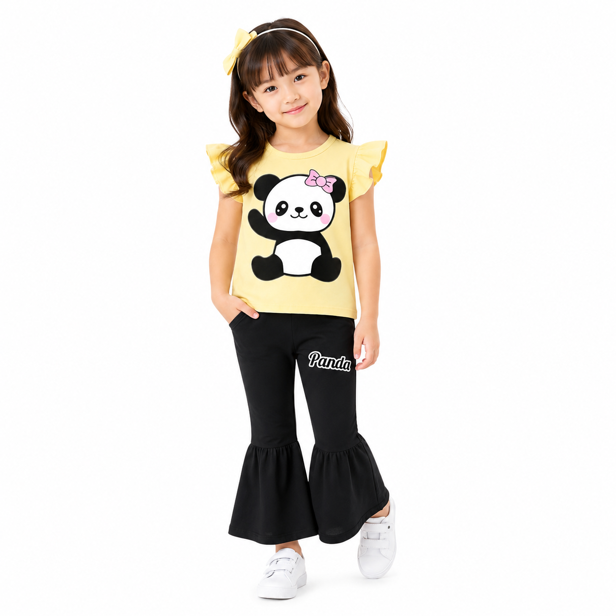 Girls Panda Print Yellow T-Shirt & Black Flared Pants 2-Piece Set (1years-7yrs)-0194