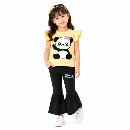 Girls Panda Print Yellow T-Shirt & Black Flared Pants 2-Piece Set (1years-7yrs)-0194
