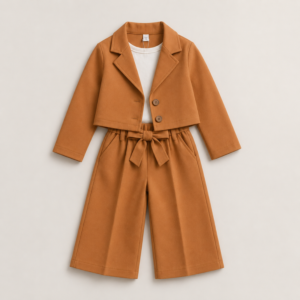 Girls Premium Blazer and Wide Leg Pants Set (Brown)
