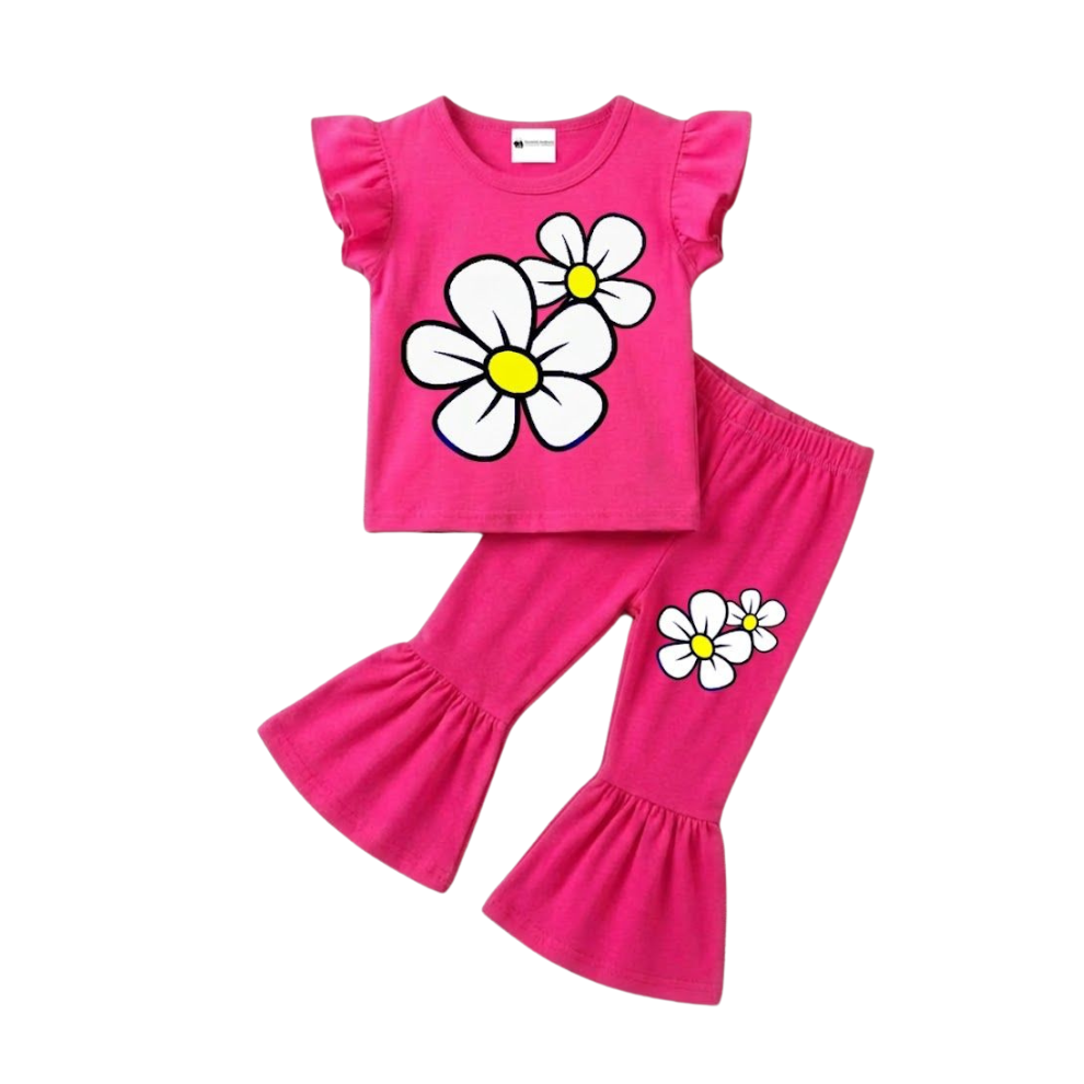 Girls Pink Floral Printed Top and Bell Bottom Pant 2pcs Set (1years-7yrs)-0193