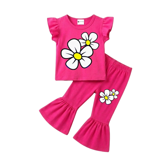 Girls Pink Floral Printed Top and Bell Bottom Pant 2pcs Set (1years-7yrs)-0193