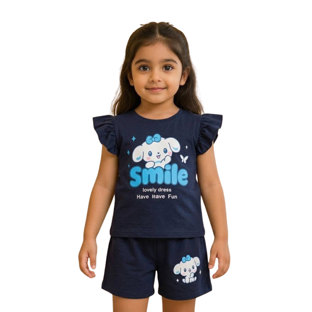 Girls Black Smile Printed T-Shirt & Shorts Set-0177
