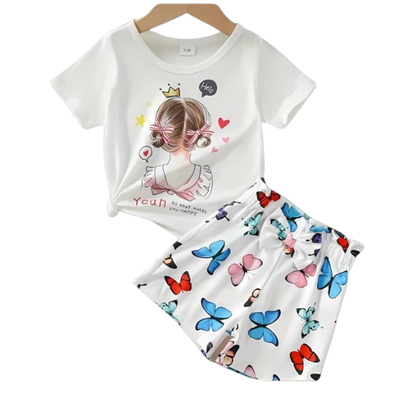Girls White Cartoon Print T-Shirt and Butterfly Shorts 2-Piece Set(3mths-6yrs)-0044