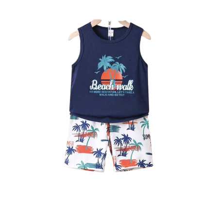 Kids Navy Blue Beach Walk Sleeveless Shirt & Printed Shorts 2pcs set (3mths-6yrs)-0161