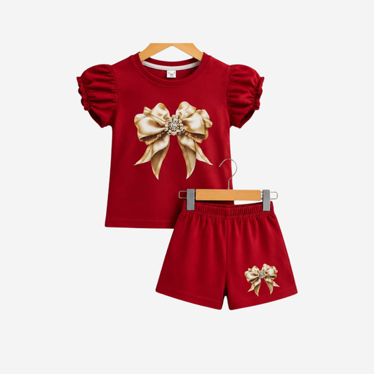 Girls Red Color Bow Printed T-Shirt & Shorts Set-0185