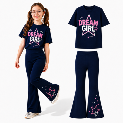 Girls Navy Blue Color Dream Girl Printd T-Shirt and Wide Leg Pants 2-Piece Set (2yrs-12yrs)-0178