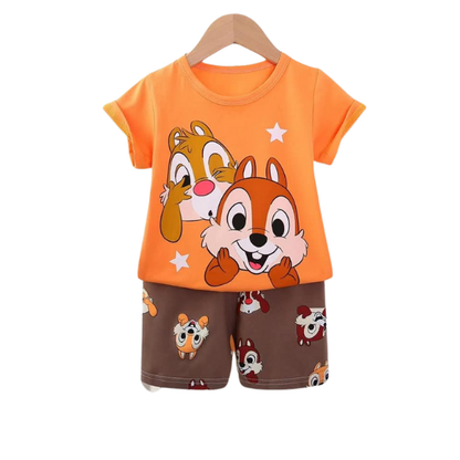 Kids Orange Cartoon Printed T-Shirt with Matching Shorts 2 pcs set (3mths-6yrs)-0055