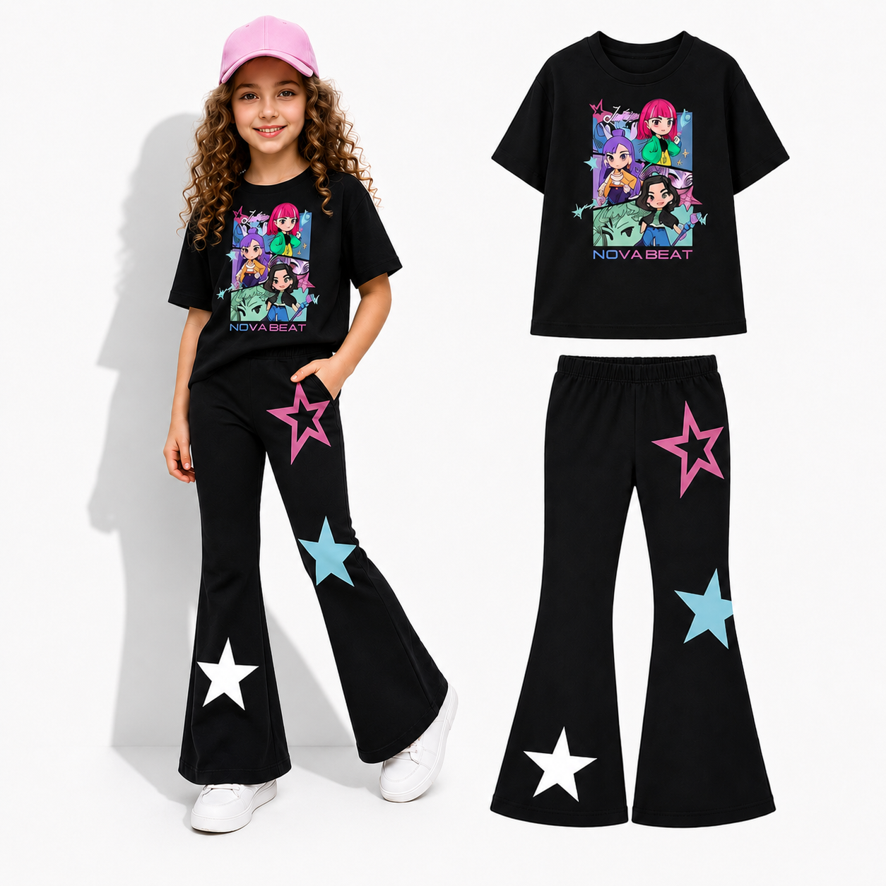 Girls Black Graphic Printed T Shirt and Wide Leg Pants 2-Piece Set (2yrs-12yrs)-0180