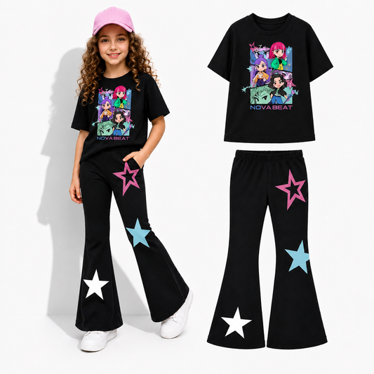 Girls Black Graphic Printed T Shirt and Wide Leg Pants 2-Piece Set (2yrs-12yrs)-0180