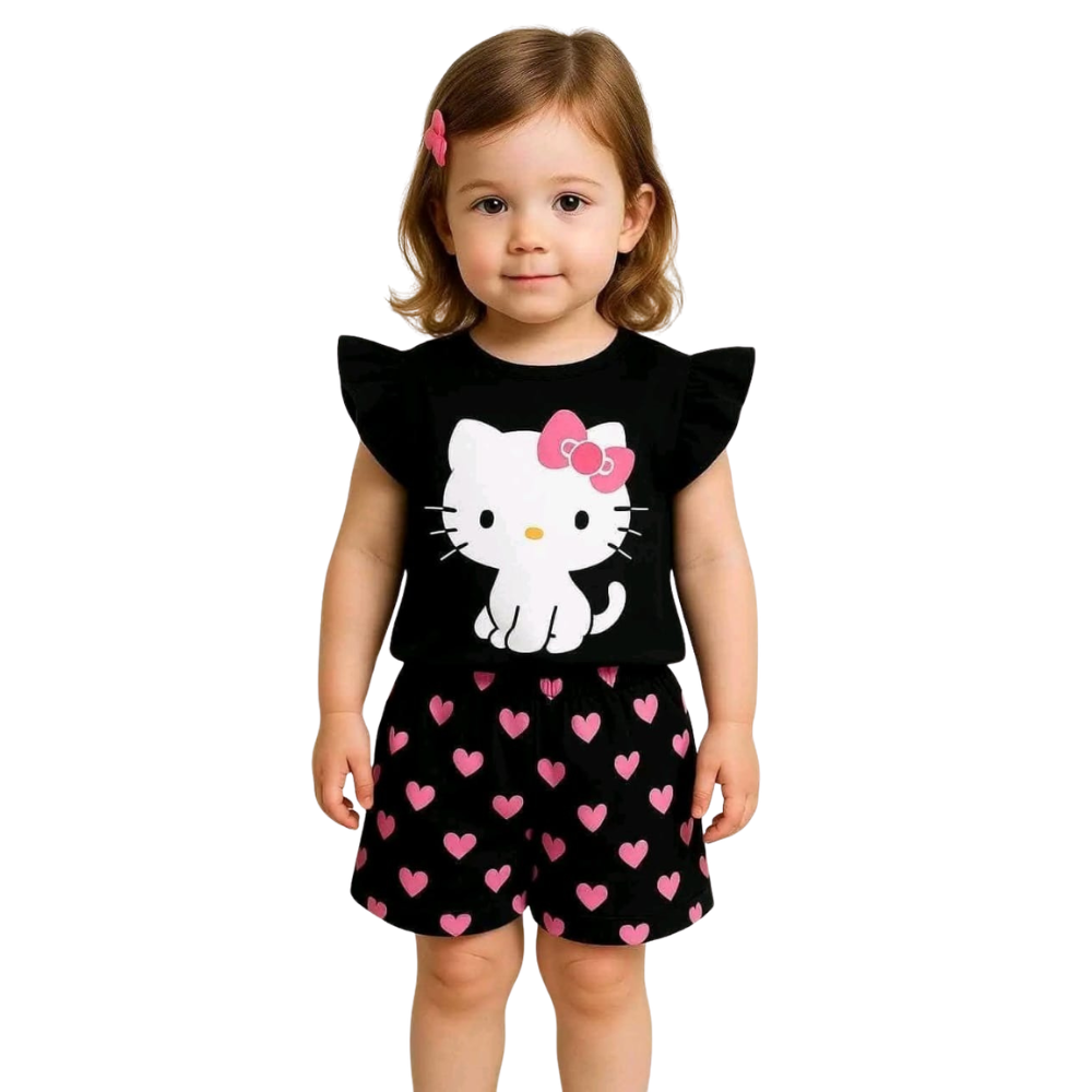 Girls Black Smile Printed T-Shirt & Shorts Set-0178