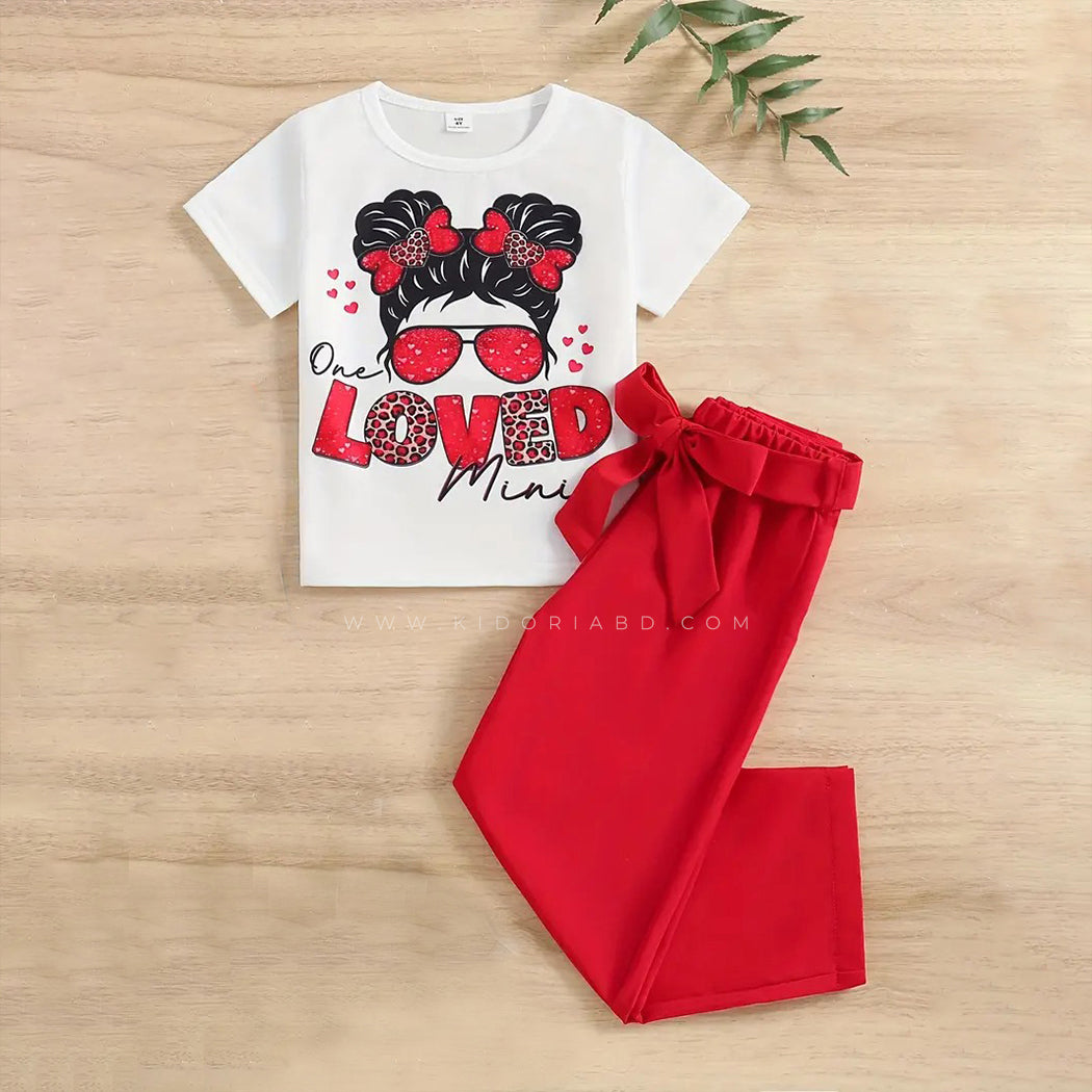 Kidoria Love Printed Cotton T-Shirt with Red Pants 2pcs Set For Baby Girl (6m-12yrs)