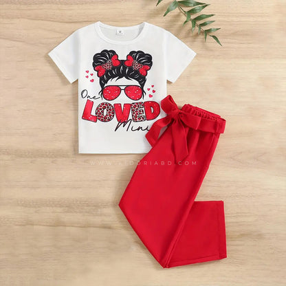 Kidoria Love Printed Cotton T-Shirt with Red Pants 2pcs Set For Baby Girl (6m-12yrs)