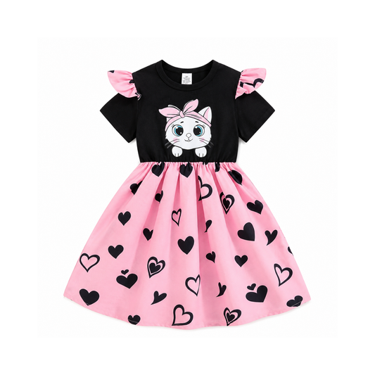 Baby Girls Cat Graphic Heart Print Dress(2yrs-8yrs) 0191