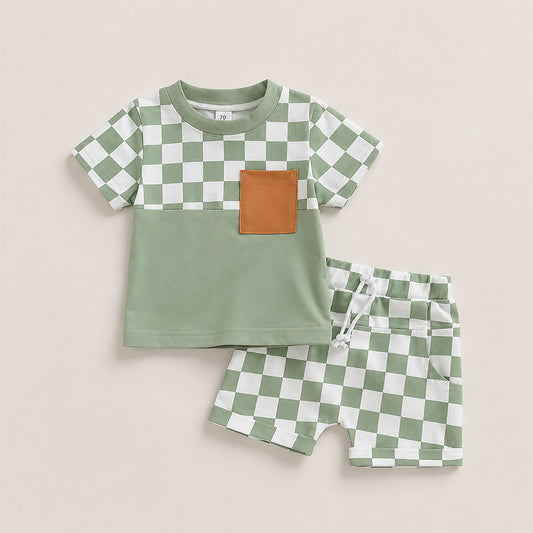 Boys Green Checkerboard Cotton T-Shirt with Matching Shorts 2pcs Set (3mths-6yrs)-0017
