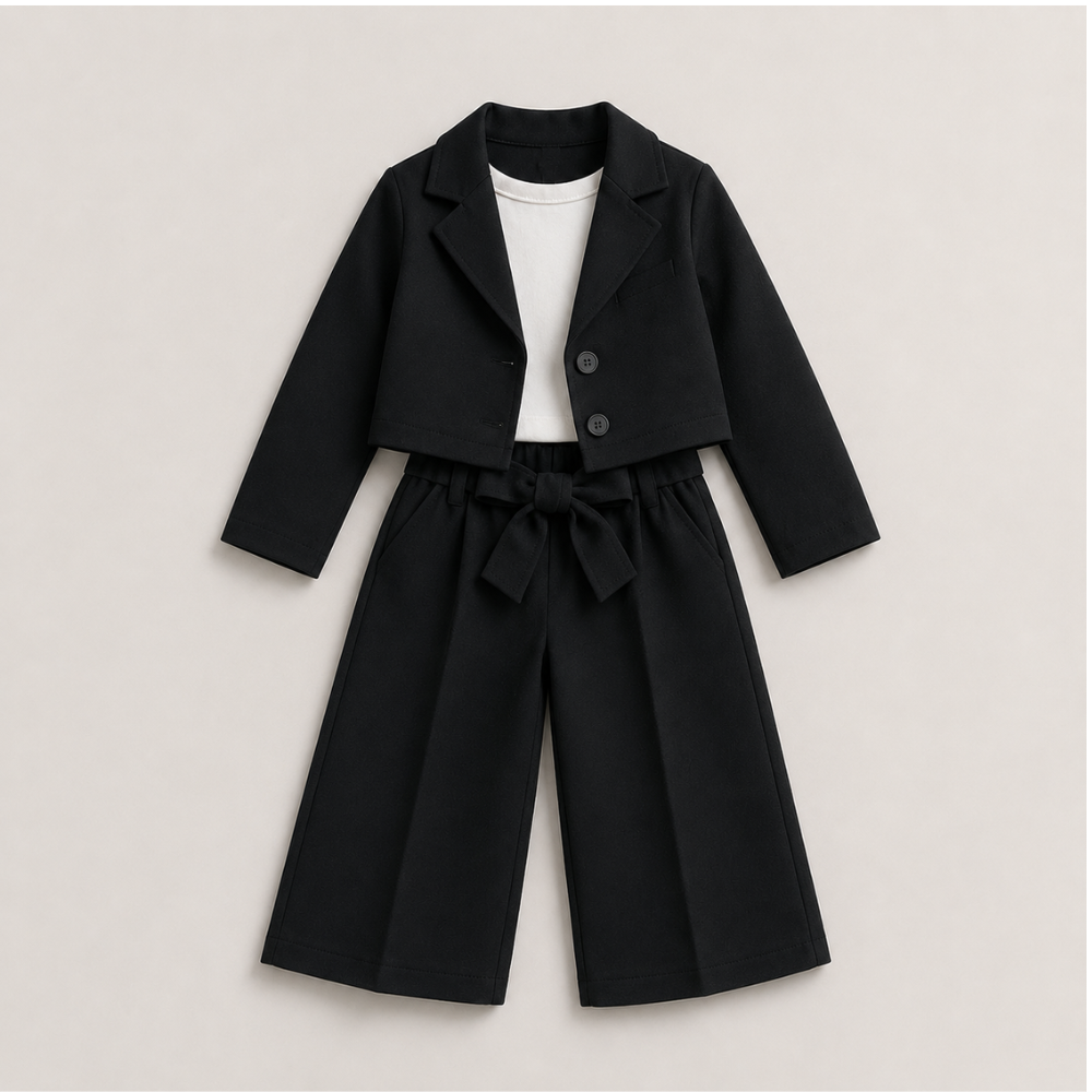 Girls Premium Blazer and Wide Leg Pants Set (Black)