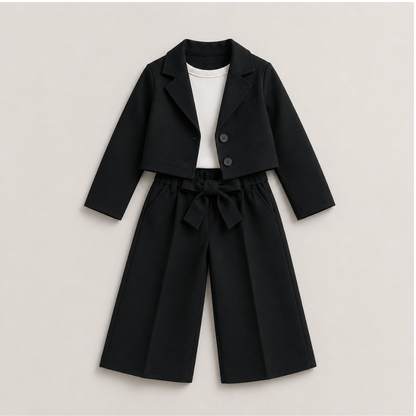 Girls Premium Blazer and Wide Leg Pants Set (Black)