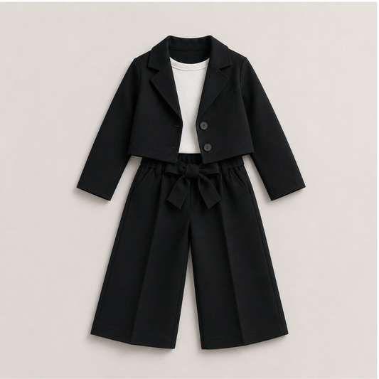 Girls Premium Blazer and Wide Leg Pants Set (Black)