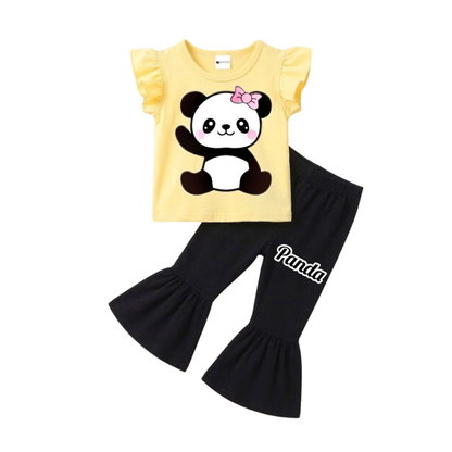 Girls Panda Print Yellow T-Shirt & Black Flared Pants 2-Piece Set (1years-7yrs)-0194