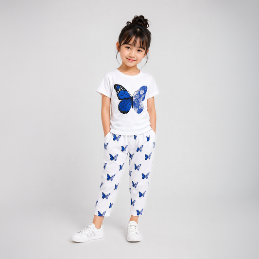 Kids Blue Butterfly Printed White T-Shirt & Full Length Pants 2 Piece Set (3m-12yrs)-0125