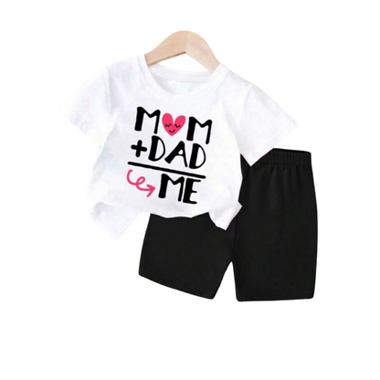 Cute “Mom Dad Me” Printed White T-Shirt & Black Shorts 2Piece Set (3mths-6yrs)-0059